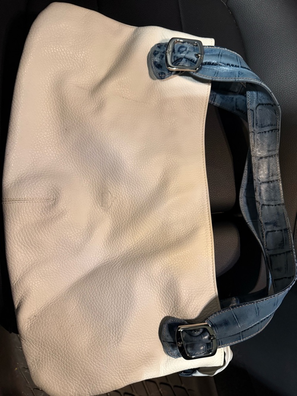 White Leather Shoulder Bag with Blue Croc-Effect Strap PETUSCO - Picture 14 of 16
